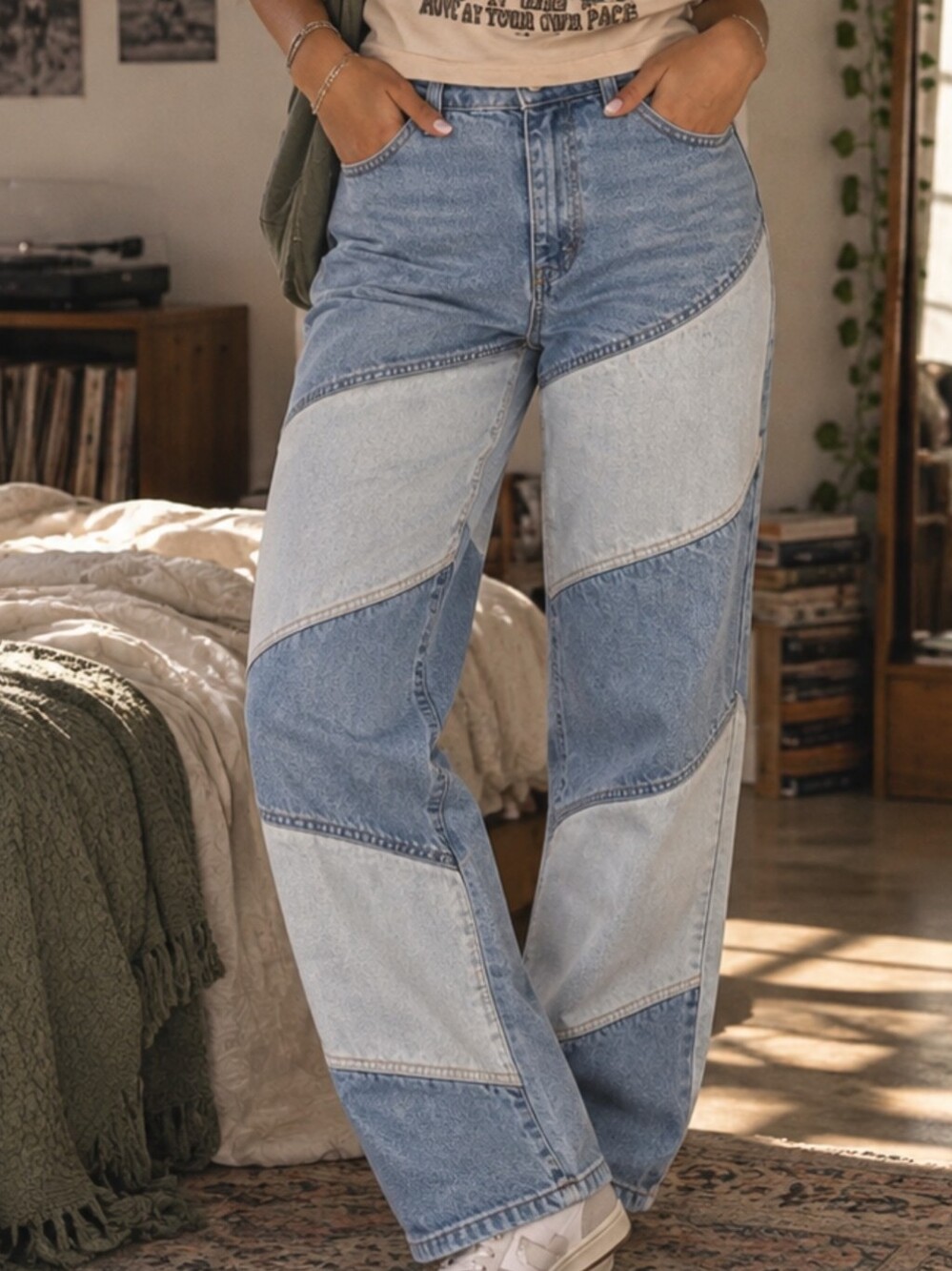 Wild Fable Two Tone Patchwork Baggy Jeans Blue White Skater Y2K Size 6